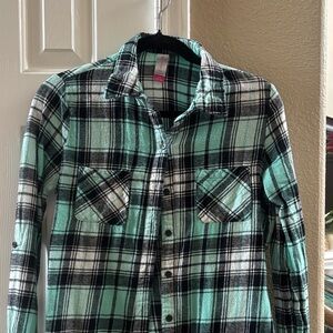 Green and Black Plaid Button-Up Shirt